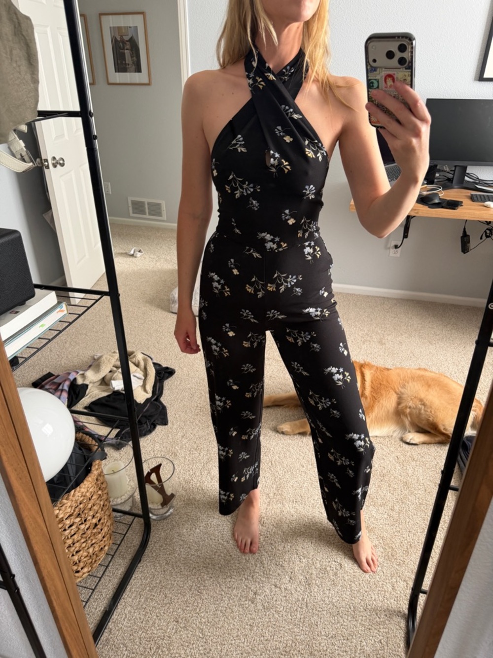 Abercrombie & Fitch Black Floral Halter Jumpsuit with White and Cream Accents